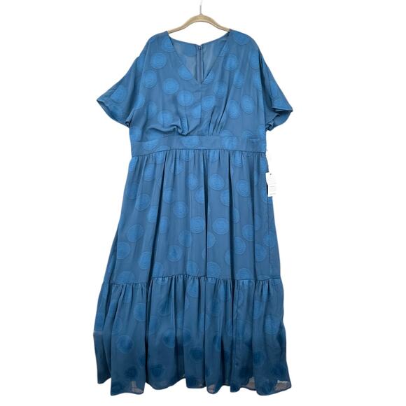 Maggy London Blue Polka Dot V Neck Maxi Dress Short Sleeves US 16W - Picture 1 of 7